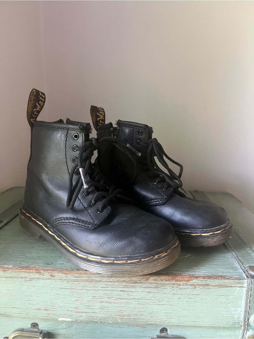 Dr. Martens Junior Kids Black Leather Lace-Up Boots with Yellow Stitching